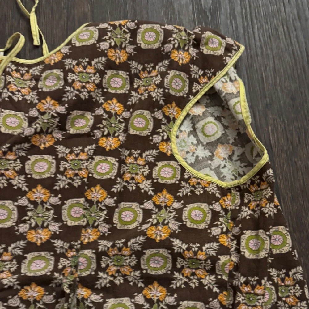 Vintage 2 Apron Set Smock Bib Floral Striped Brown Yellow Retro Mid Century